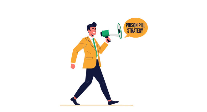 Businessman walking with push pin pull strategy sign.