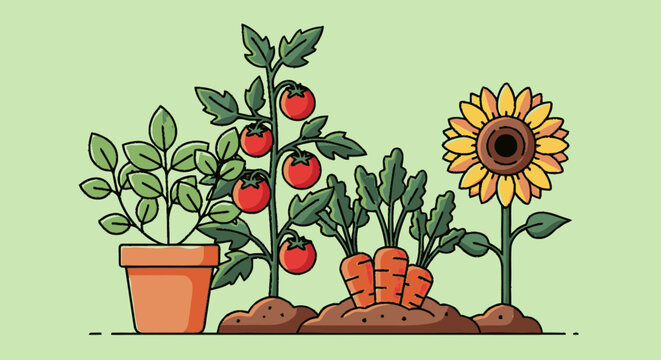 Hand-drawn flat graphic illustration featuring a potted green plant ne