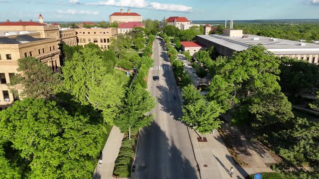 Aerial Down Jayhawk Boulevard on KU Campus Lawrence Kansas
