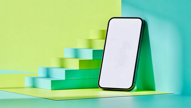 Smartphone mock up with blank white screen standing next to a colorful geometric step podium on green and blue background.