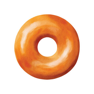 Realistic watercolor illustration of a glazed ring donut with shiny icing. Hand-painted sweet pastry perfect for bakery branding, food packaging, menu design, labels, posters, and dessert projects.