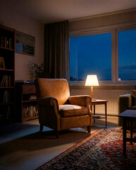 Fototapeta premium Warm armchair and glowing table lamp by blue evening window in quiet interior photography for home comfort [copy space]