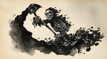 Fototapeta premium Ink illustration of skeleton figure with hammer in motion on textured paper