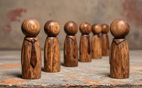 Wooden figures in ties stand in line, symbolizing teamwork or leadership.