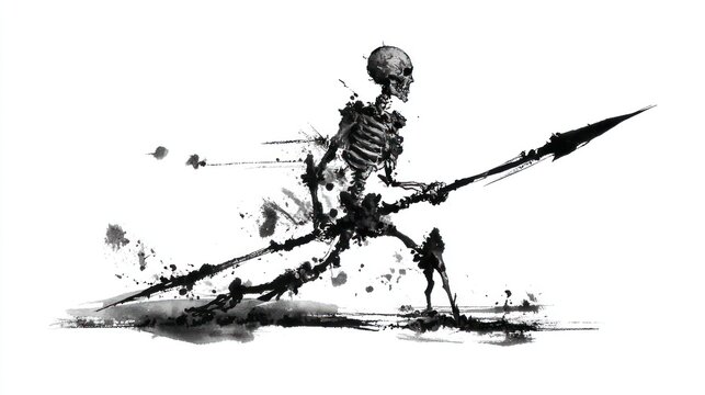Ink skeleton warrior with spear on white background in artistic style