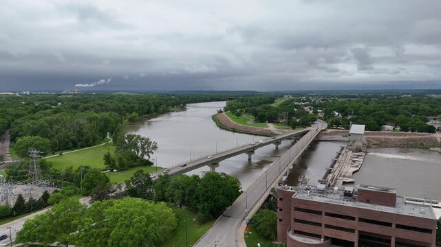 Aerial Over the Kansas River and Lawrence Bridges in Spring