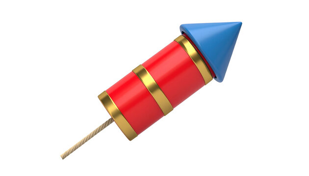 Red Firework Rocket with Blue Nose Cone Isolated on White Background