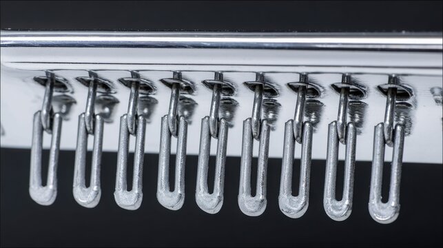 Row of Gleaming Metal Curtain Hooks Attached to a White Curtain Rod