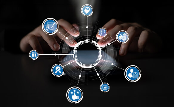 A creative representation of hands interacting with a digital interface filled with various icons symbolizing online services and user engagement, showcasing technology innovation. Crux