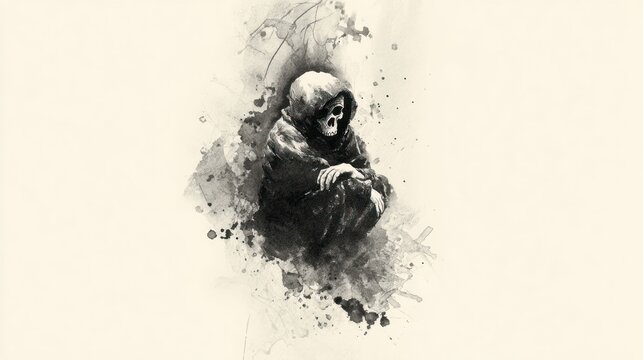 Grim reaper figure in ink wash style depicting death and mortality
