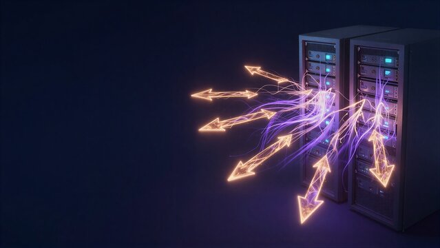 Server emits glowing arrows, symbolizing data flow and digital connectivity in a dark space.