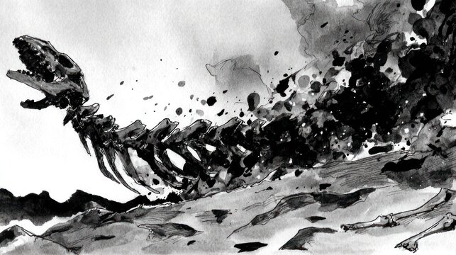 Ink illustration of a dinosaur skeleton depicting movement and energy
