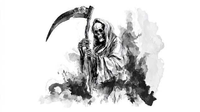 Grim reaper figure with scythe illustration on white background