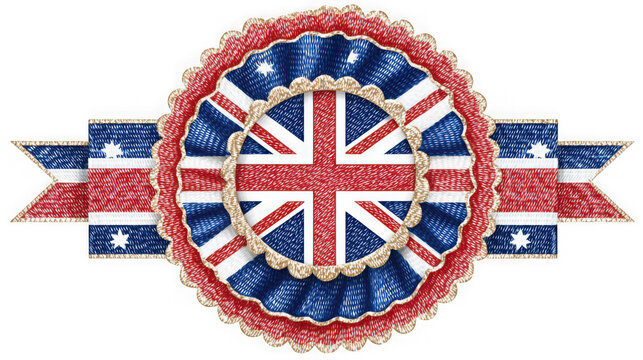Decorative rosette badge featuring the iconic union jack flag design with detailed fabric pleated textures