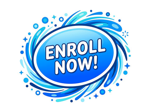 Enroll now blue button with water splash effect isolated on white background