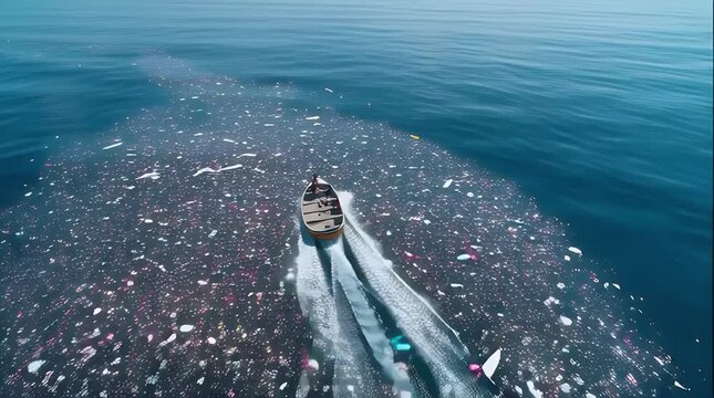 Boat navigating through massive floating plastic garbage patch in the ocean. 4k Footage Video