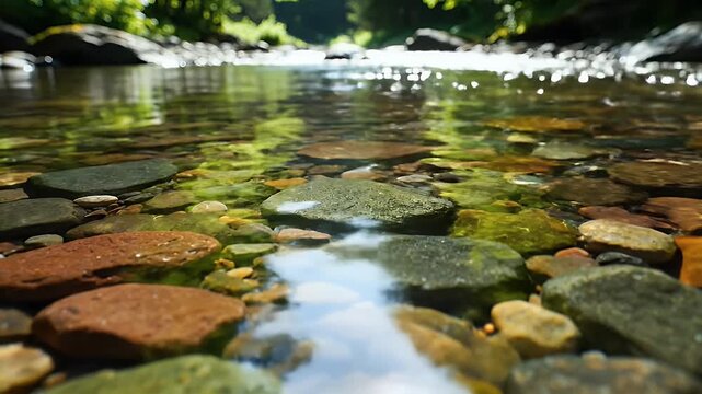 Clear water flowing over colorful pebbles in a shallow forest stream. 4k Footage Video