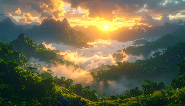 Majestic sunrise over misty mountain valley and lush forest