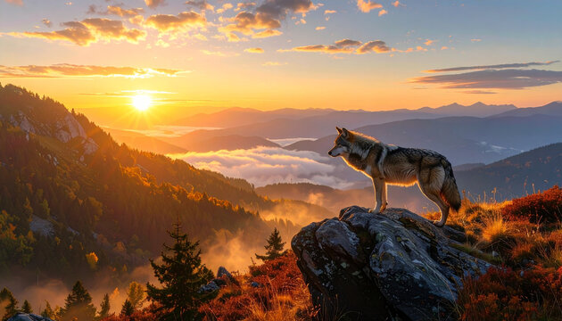 Majestic wolf on rocky peak overlooking mountain valley at sunrise