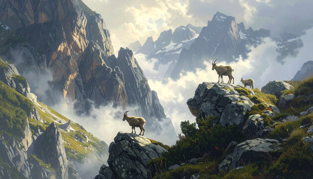 Wild mountain goats standing on rocky alpine peaks above the mist