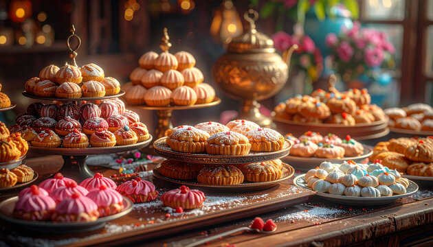 Assorted elegant pastries and colorful cakes on tiered display stands
