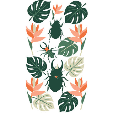 Tropical beetles and monstera leaves flat vector illustration