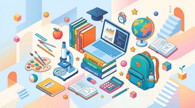Isometric education and elearning concept with laptop, books, microscope, and school supplies