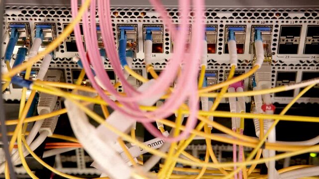 Internet modem with cables and electric plugs hardware technology connection network communication infrastructure concept in 4K Ultra HD footage.
