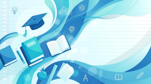 Education background with school supplies and graduation cap on abstract blue wavy backdrop
