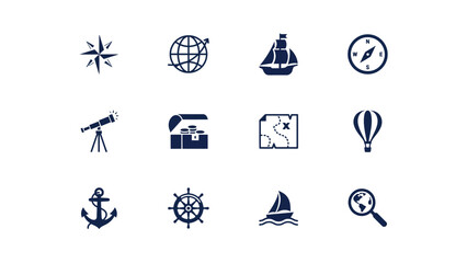 Exploration themed flat icons collection showcasing adventure discovery and travel essentials in minimalist navy blue style © Tuli