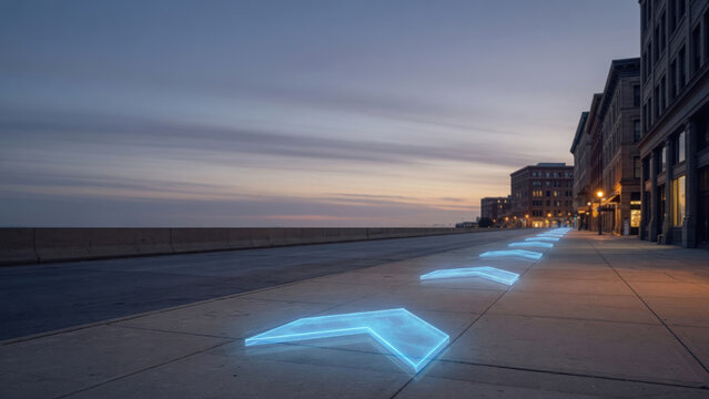Neon arrow direction urban street empty road waterfront modern light evening sky glowing path city building sidewalk perspective Futuristic neon arrow direction lines glow along empty urban street