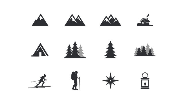 Minimalist flat icons set showcasing winter adventure activities and mountain scenery for outdoor inspiration