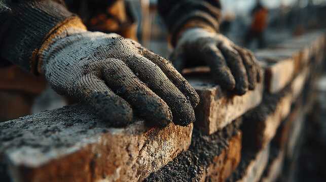 Worker hands wearing gloves aligning bricks on construction site wall edge with dirt and cement in warm light, showing detailed texture and manual labor effort