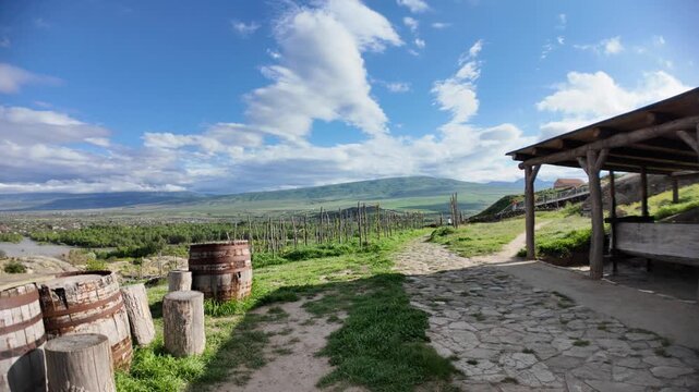 Uplistsikhe rock-hewn town presenting an excavated ancient wine press under a wooden canopy. With a stone path leading past a green vineyard and distant hills under blue sky in Georgia near Gori city