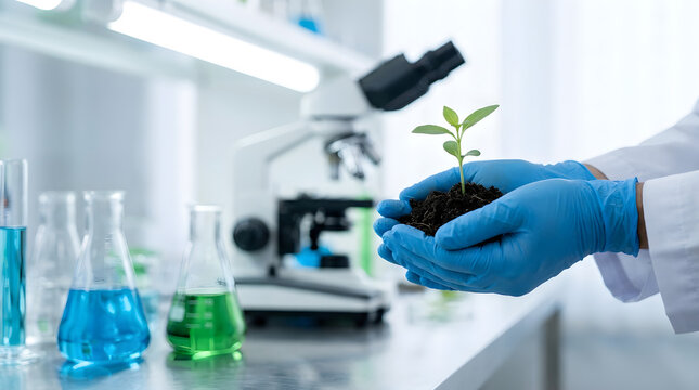 Scientific exchange in laboratory with gloved hands passing green seedling plant near beakers and microscope, representing biotechnology sustainability