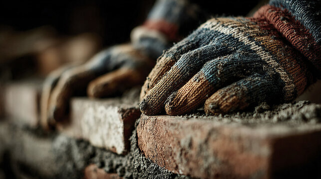 Worker hands wearing gloves pressing brick into mortar bed for construction work with focus on hand and brick