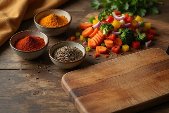 Fresh vegetable cutting board kitchen table cooking ingredient spice bowl carrot broccoli bell pepper red onion rustic wood cutting board with fresh vegetable cutting board kitchen table cooking