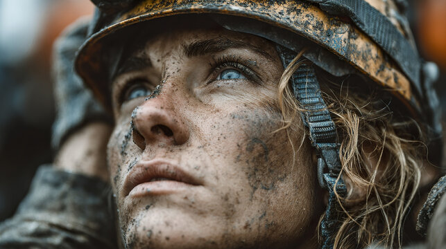 Young laborer with blue eyes wearing dirty helmet and looking up with determination and focus, face covered in mud and grime, close up portrait of hardworking person in challenging environment
