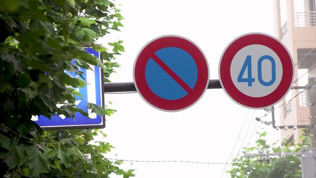 Overhead no parking and 40 speed limit road signs with partially hidden bicycle lane sign on a light rainy morning in Japan