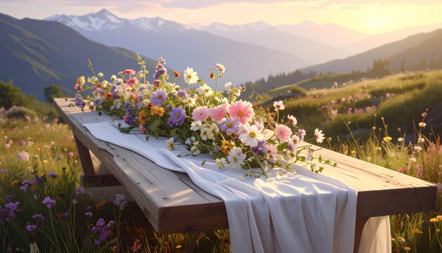 Wildflowers on wooden table with mountain sunset background