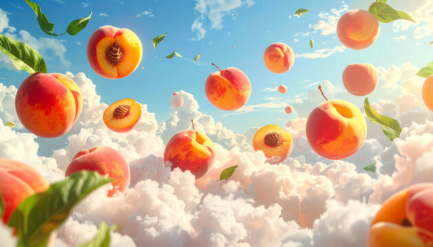 Surreal Floating Peaches and Slices in Bright Sunny Sky