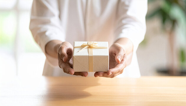 白いシャツを着た人が両手で丁寧にギフトボックスを差し出す正面のカット