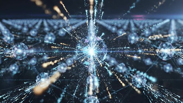 Abstract Quantum Physics Atomic Grid with Central Glowing Energy Sphere Exploding. 4k Footage Video