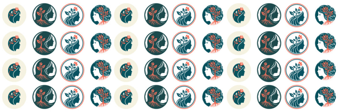 Seamless pattern of female silhouette icons with botanical floral elements for wellness branding