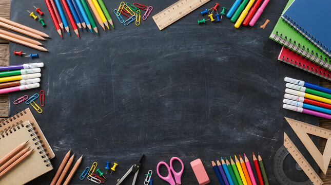 School supplies flat lay with chalkboard stationery and wooden desk