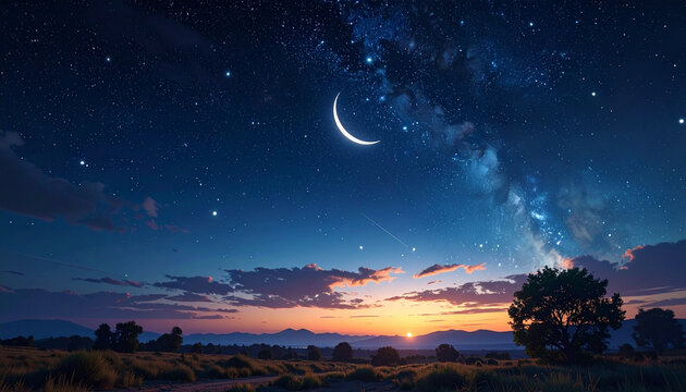 Crescent Moon and Milky Way over Sunset Horizon Landscape