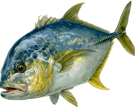 Colorful Pompano fish illustration with vibrant blue and yellow scales swimming on a white background