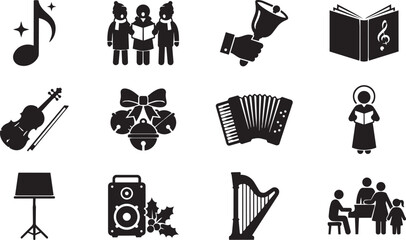 Music icons, black and white, 12 symbols, vector graphics, musical instruments, music signs, sound equipment © Abdul Rauf