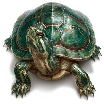 Detailed vibrant illustration of a red-eared slider turtle with a patterned green shell and striped skin looking upward on a white background
