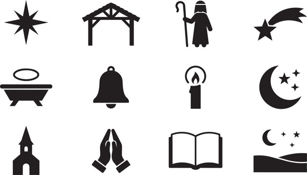 Christmas, Nativity scene, black icons, 12 symbols, vector graphics, religious, holiday elements, set